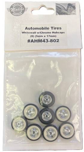 43-802 American Heritage O Automobile Tires - Whitewall With Chrome Hubcaps 8pcs