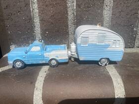 19655 Chevrolet C-10 Chevy Pickup Blue And Trailer Worn Look Antique Model Train Decor
