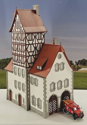 130985 Faller Ho Scale Built Model - Fire Station With Hose Tower And Firetruck #130985