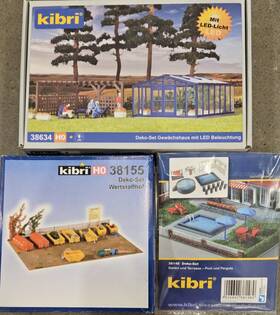 38634 Kibri Three Ho Scale Model Kits-decor Sets-greenhouse Garden And Recycling Bins