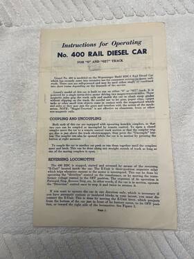 400-29 Lionel Postwar Budd Rail Diesel Car Instruction Sheet Great Condition