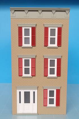 30-90601 Mth Rail King O No. Tan/ Red Shutters Illuminated 3-story Town House Ln