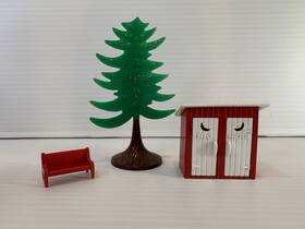 3333878 Plasticville Model Train Railroad His And Hers Outhouse Red Bench Lg Pine Tree