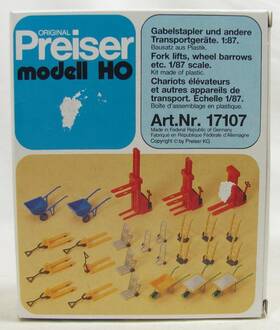 17107 Preiser Ho 1/87 Scale Model Fork Lifts Wheel Barrow Pallet Jack Set