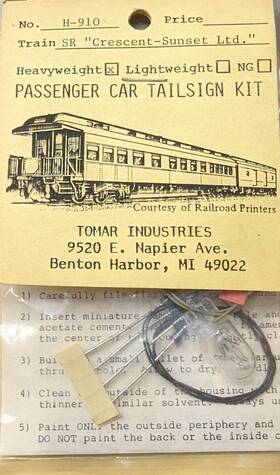 H-910 Tomar Industries Ho Heavyweight Passenger Car Tailsign Kit