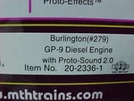 Mth Premier 20-2336-1 Burlington Route GP-9 Diesel PS.2 Gauge New Bcr #279. Fixed Price $400.00.