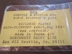 Northwest Short Line #E2A7203BD Builders Plates, Nw Rr, - Details Below. Fixed Price $9.50.