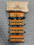 + Lionel Prewar Tinplate 248 Orange Electric Locomotive 3 Car Passenger Set. Fixed Price $375.00.
