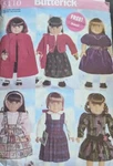 Butterick Pattern 5110 18" Doll Clothes Dress Coat Molly Fits American Girl Cape. Fixed Price $12.99.