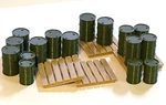 16 Assorted Drums Military Green And Pallets Can Be Used With Gauge Railroads. Fixed Price $12.80.