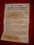 Instructions How To Operate Lionel Gauge "husky Diesel Switch Locomotive. Fixed Price $10.00.
