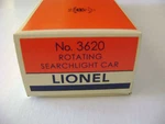 Lionel 3620 Operating Searchlight Car Reproduction Box. Fixed Price $7.99.