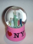 Love New York Sky Line Statue Liberty Pink Base Snow Globe 2-1/2" Tall Box. Fixed Price $19.85.