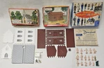 Vintage Plasticville Lot Log Cabin 1303-59 Church 2604-100 People W/color PF-4. Fixed Price $50.00.