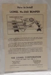 Lionel Postwar Original Instruction Sheet 260 Bumper 1953. Fixed Price $5.00.