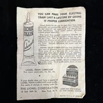 Lionel Train Lubricant Original Paper Advertisement Sheet 6" X 4.5" Prewar 1938. Fixed Price $8.25.